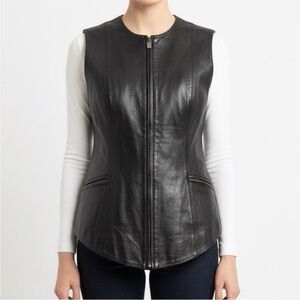 Vintage Margret Godfrey Black Leather Motorcycle Zip Up Vest with Pockets S